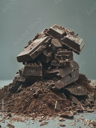 A pile of chocolate pieces on a table. Scene is playful and indulgent