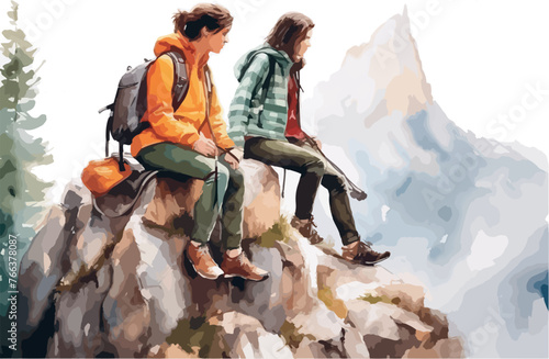 Two girls tourists in sportswear sitting on rock in mountains. Watercolor sketch