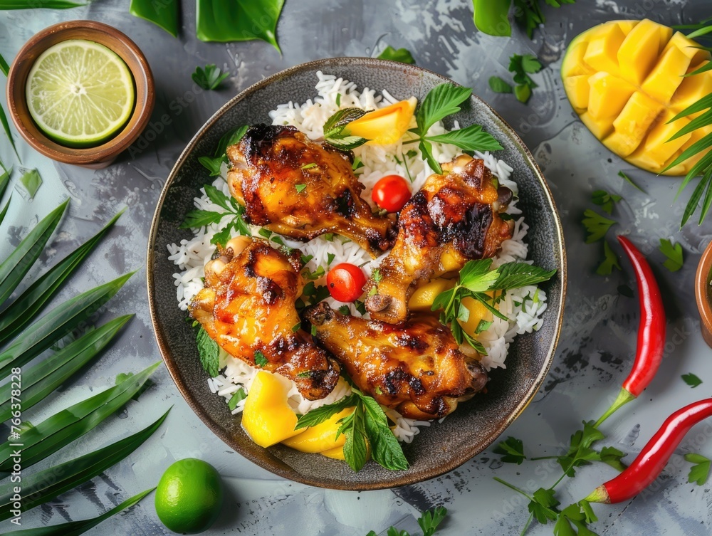 A plate of food with chicken, rice, and vegetables. The plate is on a table with a bowl of lime and a bowl of mango A plate of food with chicken, rice, and vegetables. The plate is on a table with a bowl of lime and a bowl of mango