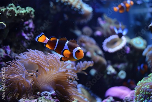 A colorful fish is swimming in front of a purple flower. The fish is orange and white, and it is surrounded by a variety of other sea creatures. The scene is lively and vibrant, with the fish