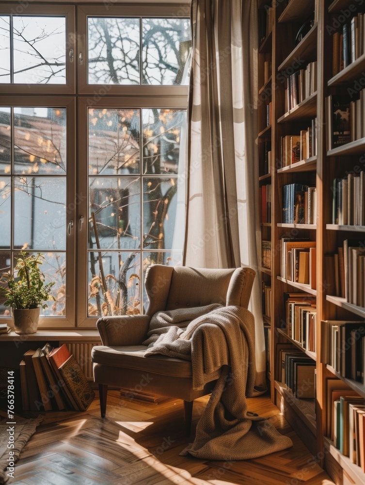 A cozy living room with a chair and a blanket on it. The chair is facing a window with a view of a tree. The room is filled with books, and there is a potted plant in the corner