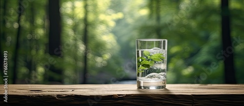 Glass containing water filled with ice cubes and fresh mint leaves for a refreshing drink