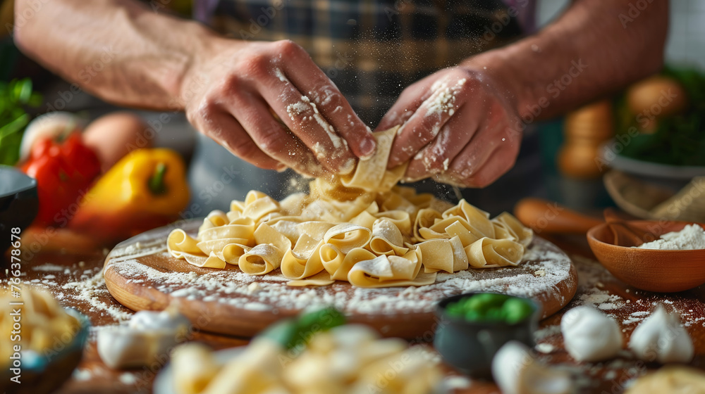 Person preparing fresh pappardelle pasta with flour on a wooden board, surrounded by vegetables, suggestive of Italian cuisine