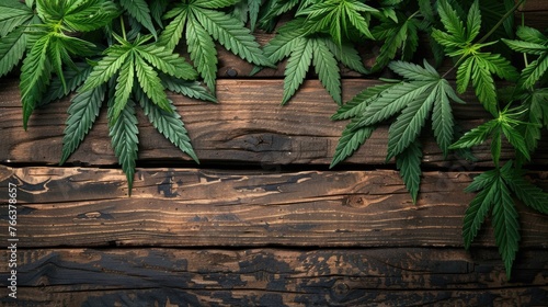Sativa Leaves on Wooden Table: Medical and Legal Marijuana photo