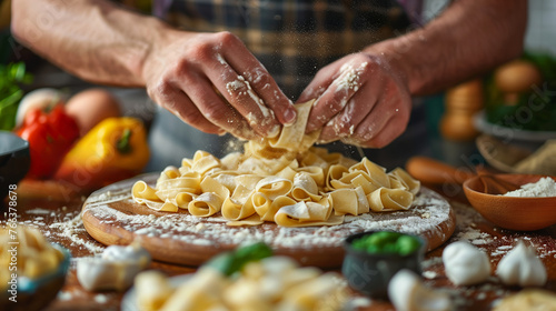 Person preparing fresh pappardelle pasta with flour on a wooden board, surrounded by vegetables, suggestive of Italian cuisine photo