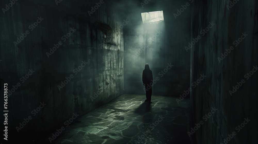 Silhouette in dimly lit room. Silhouette in dimly lit room.