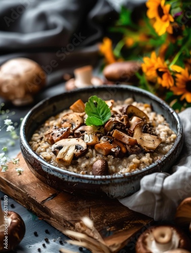 A bowl of mushroom and rice with parsley on top. The bowl is on a wooden table with a bunch of mushrooms on it