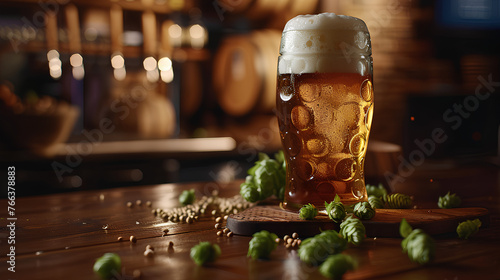 Beer mug with foamy beer and fresh hops on a wooden background. photo