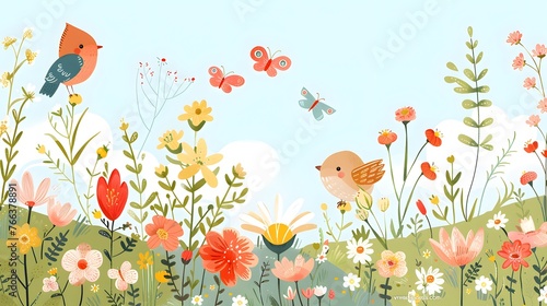 Under a sunny sky, bright and joyful birds soar gracefully alongside colorful butterflies in a vibrant springtime flower field.