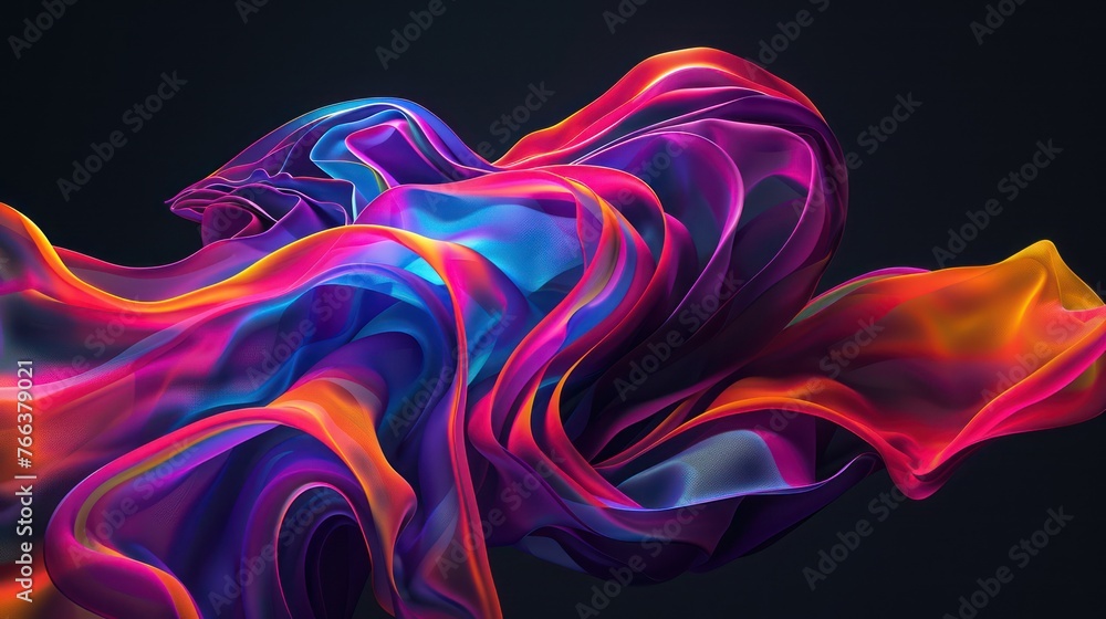 Fototapeta premium A colorful abstract shape against a black background, resembling photorealistic details of flowing fabrics, in an abstract minimalist style