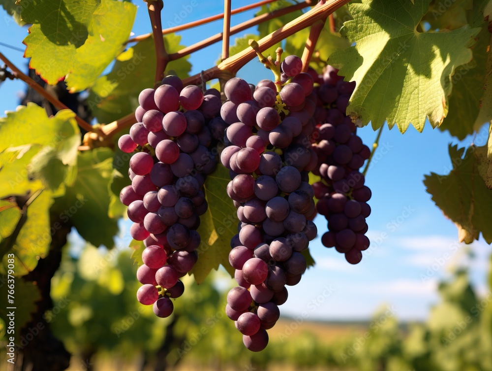 Fototapeta premium Close-up of grapevine rows in a picturesque vineyard plantation and winery setting