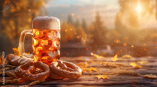 A glass of cold beer with pretzels and wheat on a wooden table. photo