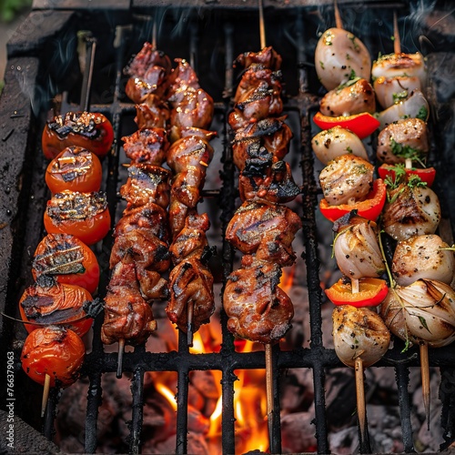 Arrangement of grill, charcoal, and skewered kebabs for outdoor barbecue party
