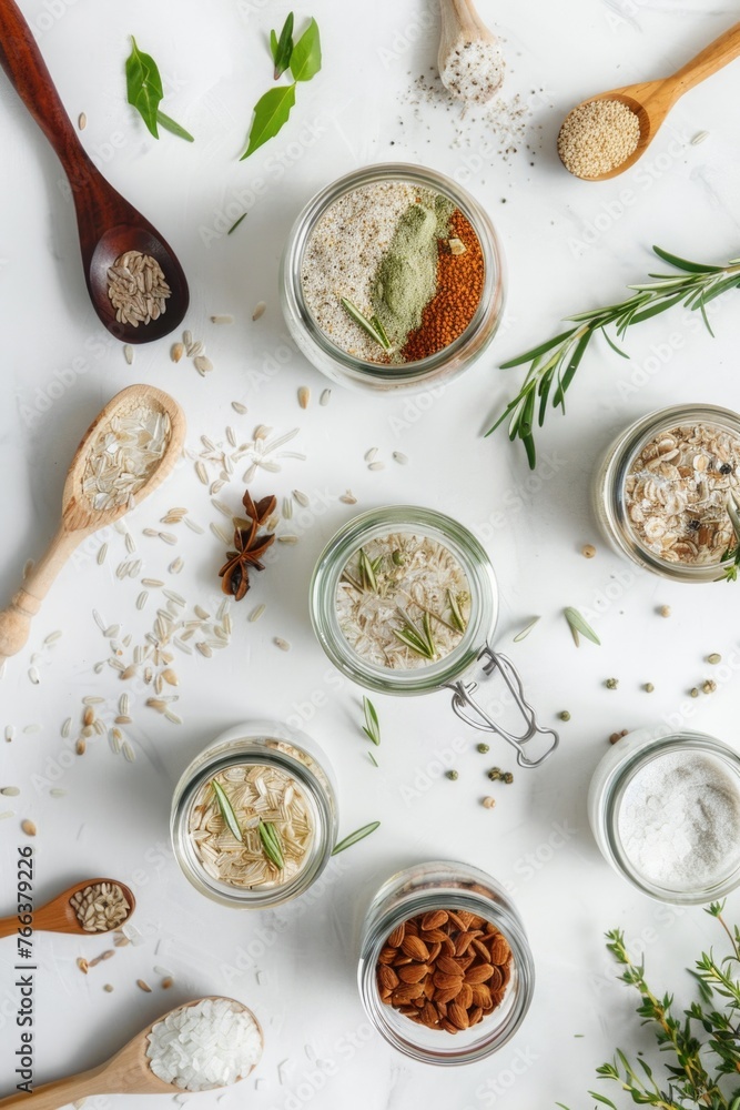 A collection of jars with various spices and herbs, including rosemary, on a white background. The jars are arranged in a way that creates a sense of abundance and variety A collection of jars with various spices and herbs, including rosemary, on a white background. The jars are arranged in a way that creates a sense of abundance and variety