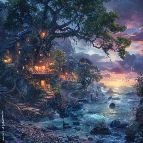Surrendering to the Enchanting Allure of a 3D Illustrated Magical Landscape with Glowing Lanterns Cottage and Atmospheric Scenery
