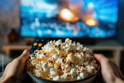 Hands holding bowl of popcorn and remote control for relaxing movie night at home