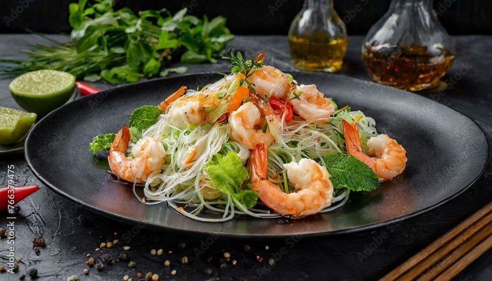 Exotic salad with Thai dressing, glass noodles and juicy shrimp Exotic salad with Thai dressing, glass noodles and juicy shrimp