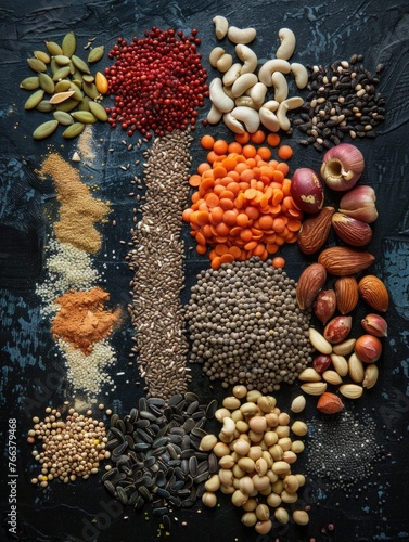 A variety of nuts and seeds are spread out on a black surface. Concept of abundance and variety  as there are many different types of nuts and seeds on display