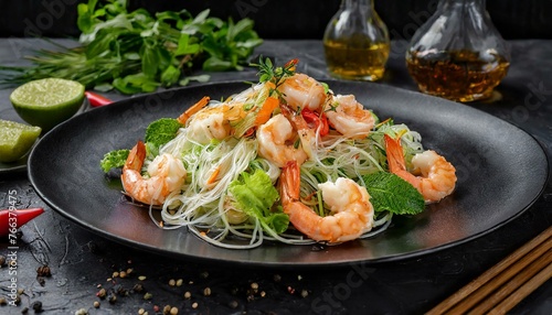 Exotic salad with Thai dressing, glass noodles and juicy shrimp