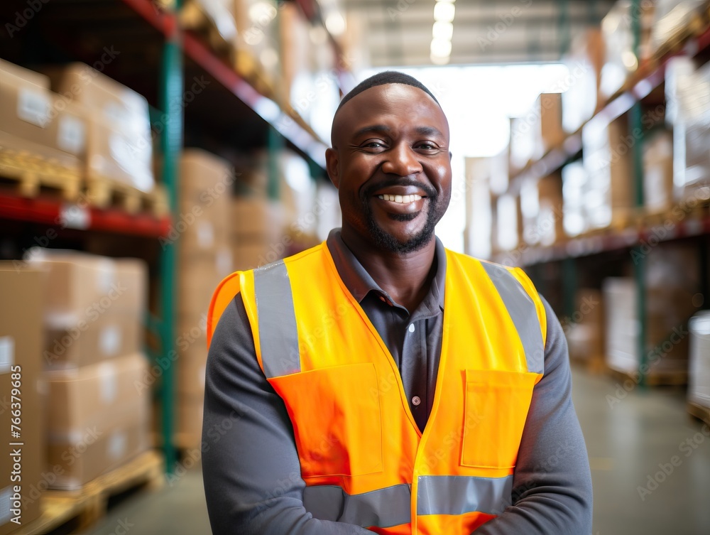 Cheerful male warehouse worker smiling and crossing arms at camera Cheerful male warehouse worker smiling and crossing arms at camera