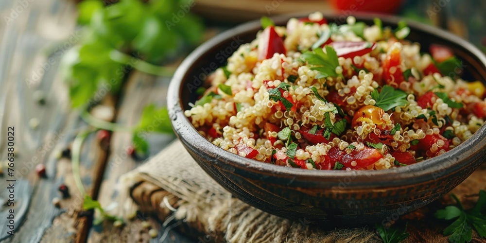 A bowl of quinoa salad with tomatoes and parsley. The bowl is on a wooden table A bowl of quinoa salad with tomatoes and parsley. The bowl is on a wooden table