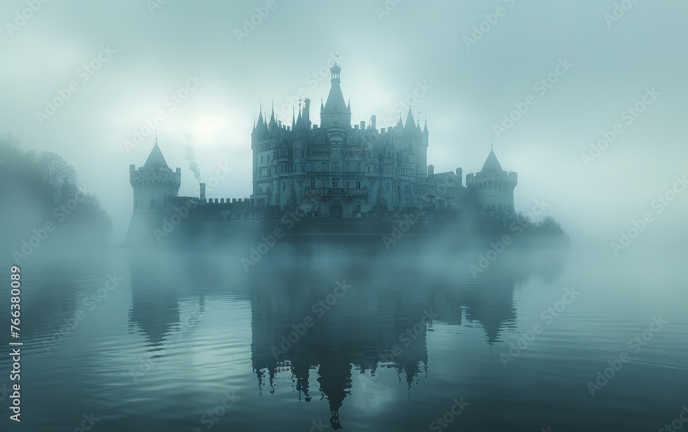 The misty castle stood tall and mysterious on the hill, its ancient walls shrouded in a veil of fog.