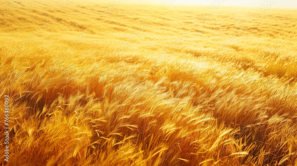The sun shone down on the vast yellow grass field, making it look like a sea of gold. - obrazy, fototapety, plakaty 