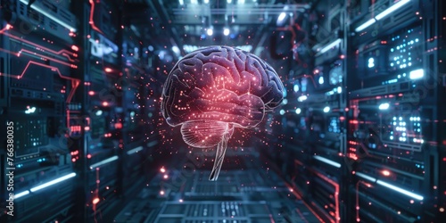 A brain is shown in a computer simulation, surrounded by wires and glowing red. Concept of technology and artificial intelligence, as well as the complexity and intricacy of the human brain