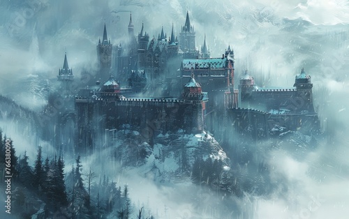 The misty castle stood tall and mysterious on the hill, its ancient walls shrouded in a veil of fog.