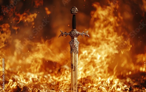A gleaming silver sword is engulfed in fierce flames, evoking a mystical aura from a bygone medieval era.