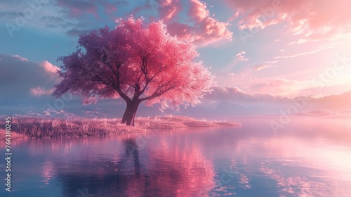 A magical tree of dreams stands tall in a surreal landscape, its pink and blue hues casting a spell of wonder and enchantment.