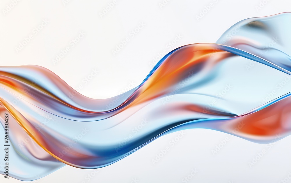 Fototapeta premium 3D rendering of fluid metallic wavy shapes with a blue and orange gradient on a white background, featuring smooth and elegant curves floating in the air. The minimalistic design creates a sense of mo