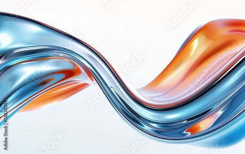 3D rendering of fluid metallic wavy shapes with a blue and orange gradient on a white background, featuring smooth and elegant curves floating in the air. The minimalistic design creates a sense of mo