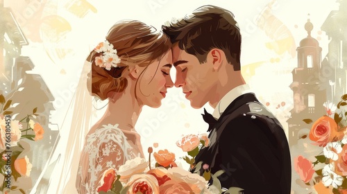 Romantic wedding day vector illustration capturing the beauty and emotion of a couple's special day in exquisite detail.