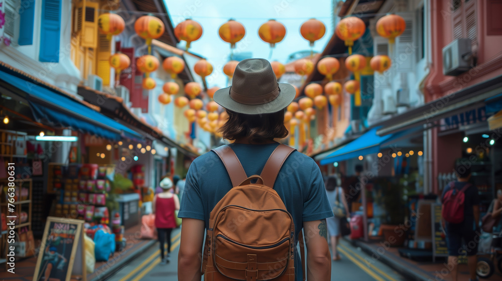 A traveler with a leather backpack stands amidst a vibrant street decorated with Chinese lanterns, embodying the cultural ambiance of a festive Asian marketplace