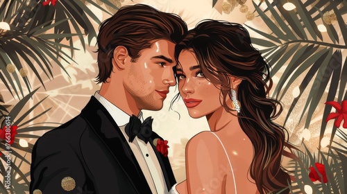 Chic wedding couple vector illustration ideal for capturing the essence of modern romance and celebration. photo
