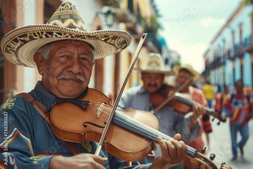 A man wearing a sombrero is playing a violin. He is smiling and he is enjoying himself