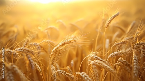 A field of golden wheat swaying in the gentle breeze, bathed in the warm glow of the late afternoon sun.