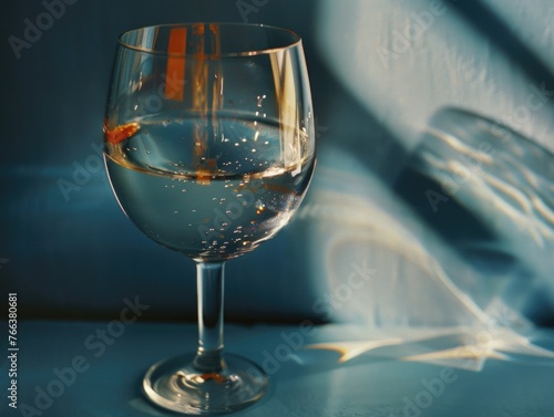 A glass of water with a fish in it