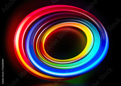 Vibrant neon rings in shades of red,blue,green and yellow light up and overlap,creating the optical illusion of depth against a black background.Concentric circles create a sense of movement.AI genera