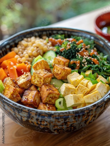 A bowl of food with a variety of ingredients including tofu, carrots, and broccoli. The bowl is on a wooden table