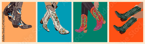 Set of different female legs wearing fashionable cowgirl boots. Traditional western cowboy boots decorated with embroidered wild west ornament. Realistic vector illustration isolated. photo