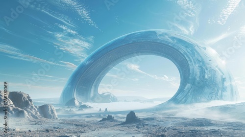 3D rendering of a bizarre, otherworldly edifice that seems to defy the laws of physics, a testament to the advanced technology of an alien civilization.