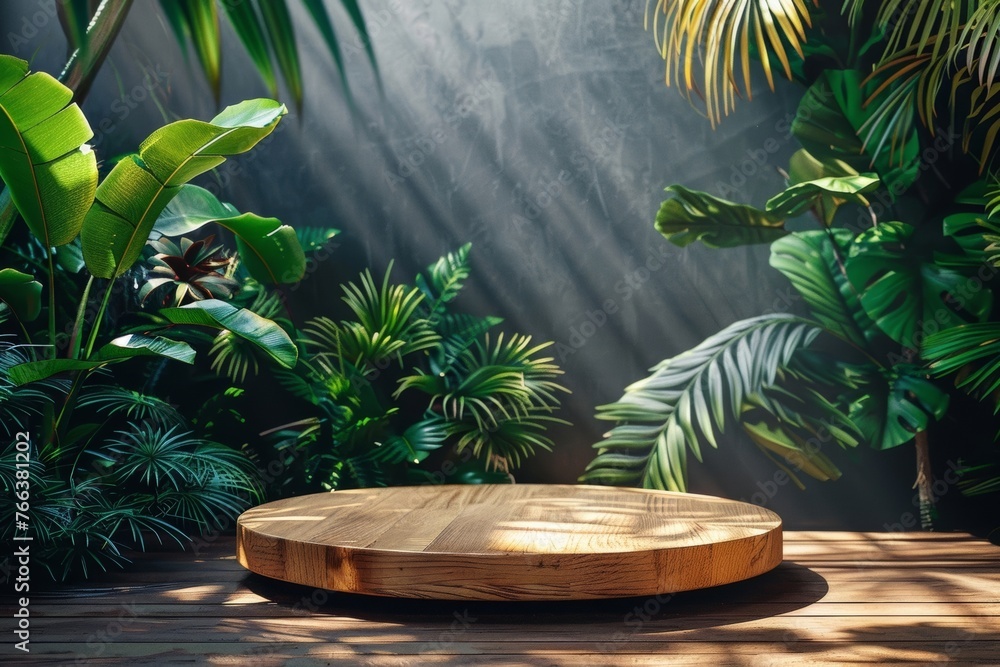 Showcase your products on this wooden podium with a sunny tropical backdrop, perfect for a natural-themed display. Showcase your products on this wooden podium with a sunny tropical backdrop, perfect for a natural-themed display.