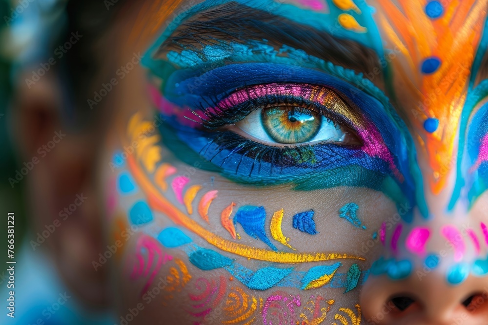 Captivating image of a vibrant young woman adorned with vivid, artistic makeup and body paint.