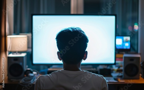 A young man works intently on his laptop at home, the bright white screen reflecting in his focused eyes.