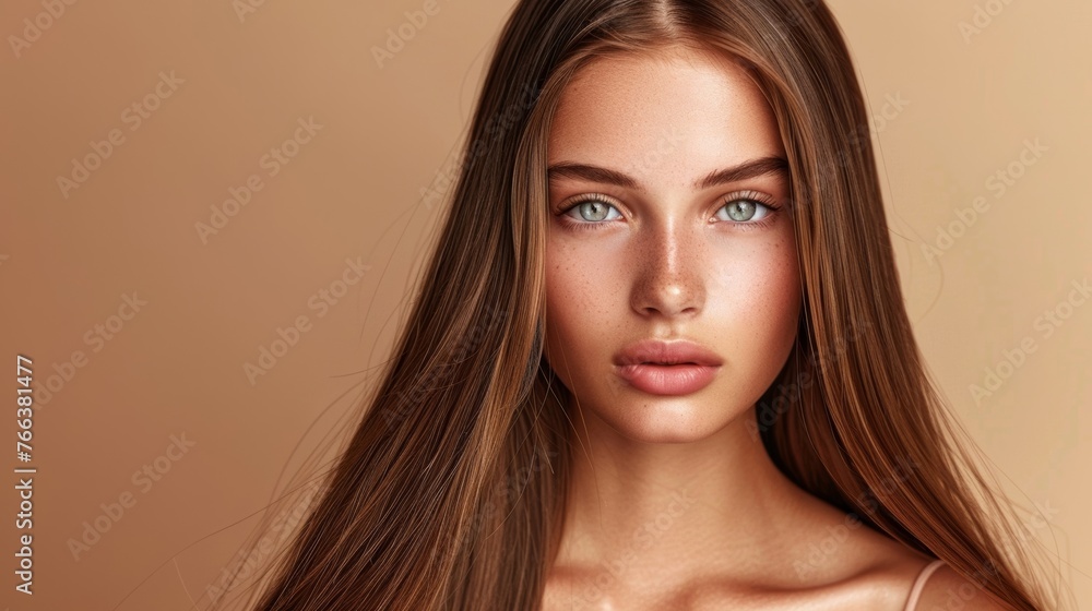 Stunning model flaunts lustrous, long brown hair and radiant, flawless skin, perfect for promoting hair and skincare products. Stunning model flaunts lustrous, long brown hair and radiant, flawless skin, perfect for promoting hair and skincare products.