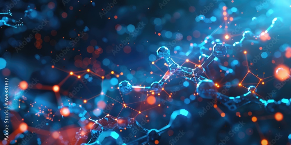 A colorful image of a molecule with a blue background. The molecule is made up of many small circles and lines, and it is a complex structure. The colors of the molecule are bright and vibrant A colorful image of a molecule with a blue background. The molecule is made up of many small circles and lines, and it is a complex structure. The colors of the molecule are bright and vibrant