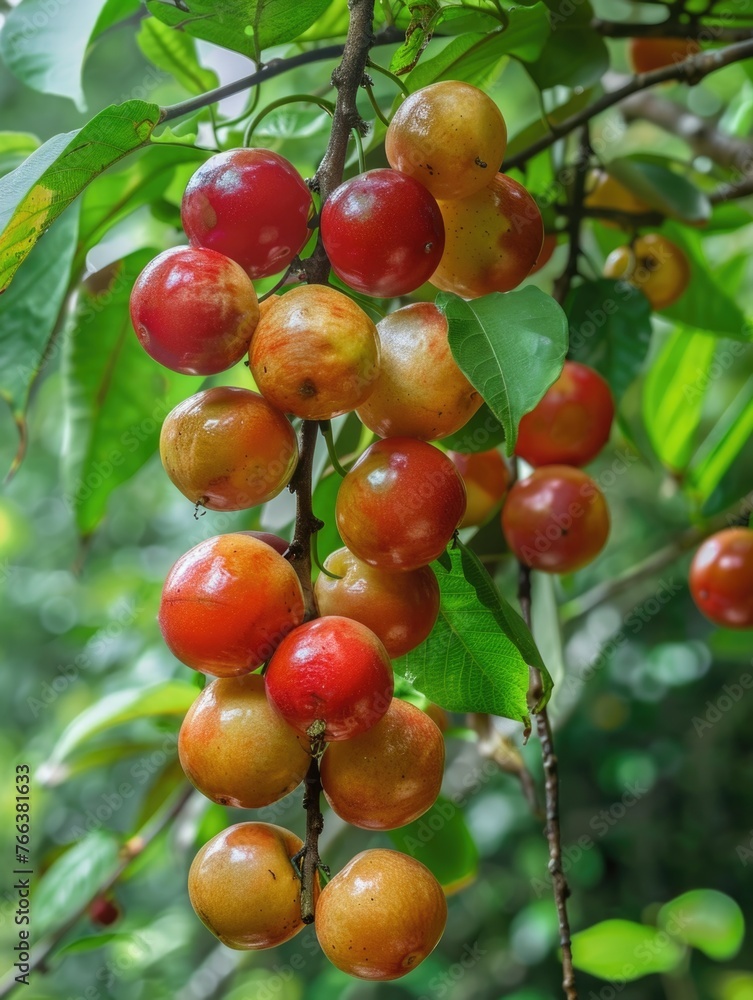 A bunch of red and orange fruit hanging from a tree. The fruit is ripe and ready to be picked
