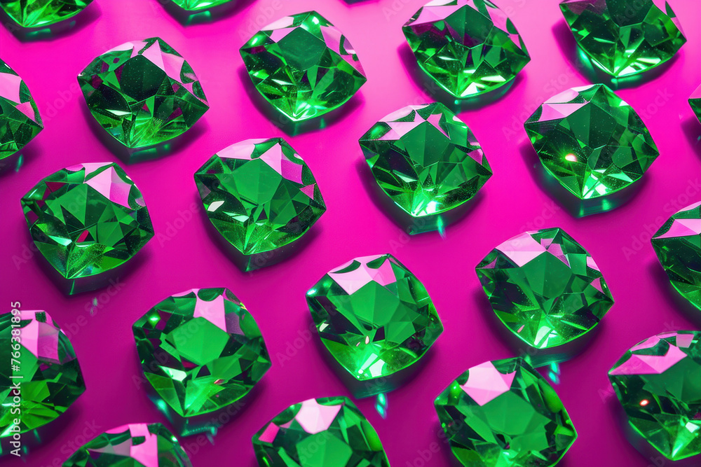 Row of shimmering emerald green diamonds on pink background for luxury jewellery advertising Row of shimmering emerald green diamonds on pink background for luxury jewellery advertising